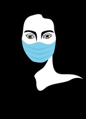 Vector illustration on the theme of coronavirus. Young woman in medical mask on a dark background. Minimal style, silhouette - line, spot. Blue white and black colour.