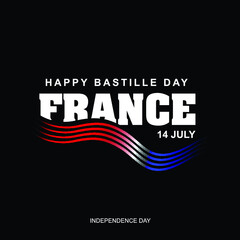 Banner or poster for the French National Day. 14th of july Happy Bastille day card. Abstract france flag color modern brush calligraphy. Isolated on black background.