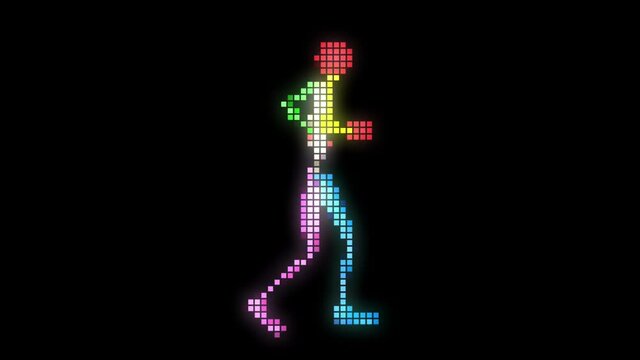 Old vintage style Pixelated computer gaming character .  Slow motion jogging movement . 3d animation rendering