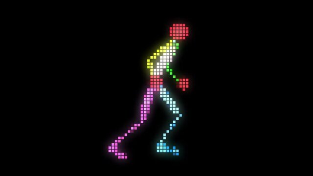 Old vintage style Pixelated computer gaming character .  Walking sneaking movement . 3d animation rendering