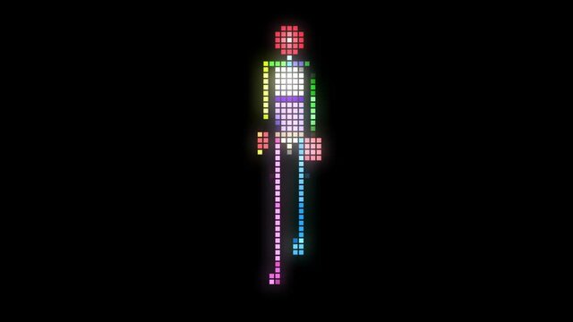 Old vintage style Pixelated computer gaming character walking. Front  walk . 3d animation rendering