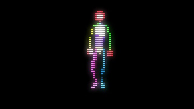 Old vintage style Pixelated computer gaming character walking. Front  walk . 3d animation rendering