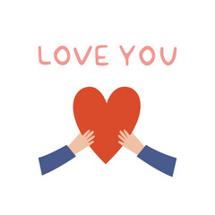 Hand drawn vector card with hands holding heart and love you phrase isolated on white background.
Valentine’s day, romantic holiday, wedding and love vector illustration. Symbol of love and charity