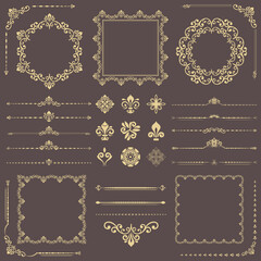 Vintage set of horizontal, square and round elements. Different elements for design, frames, cards, menus, backgrounds and monograms. Classic golden patterns. Set of vintage patterns