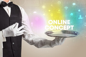 Waiter serving social networking with ONLINE CONCEPT inscription, new media concept