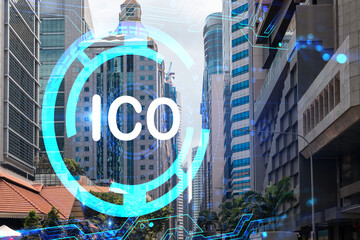 ICO icon hologram over panorama city view of Singapore, the hub of blockchain projects in Asia. The...