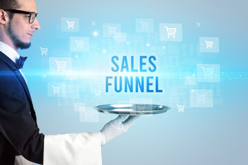 Waiter serving SALES FUNNEL inscription, online shopping concept