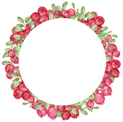 Obraz premium Red cowberry circle frame. Watercolor illustration of red berries wreath. Botanical illustration.