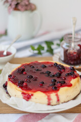 Classic New York cheesecake  on wooden background, close up view, selective focus