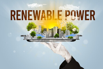 Waiter serving eco city with RENEWABLE POWER inscription, renewabke energy concept