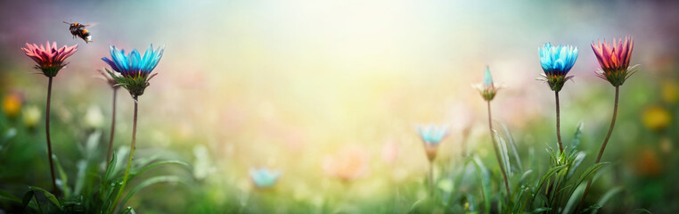 Blue and pink flowers on a blurred background. Macro shot. Summer and spring fantasy background....