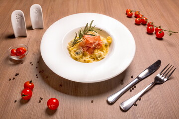 Tagliatelle Pasta with Hamon and Dor Blue.
