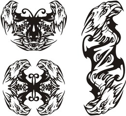 Tribal eagle symbols in black and white tones. Bald eagle symbols of power for emblems, tattoos, logos, embroidery, engraving, textiles, labels, prints on t-shirts, wallpaper, etc.