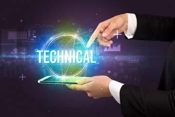 Close-up of a touchscreen with TECHNICAL inscription, new technology concept