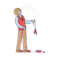 Crying clown with red hair holding burst balloon with tears squirting from eyes, red nose and makeup