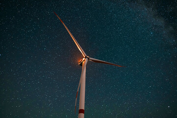 Wind turbine in the night at the stars background. Environment and renewable energy