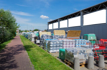 Advertising banners on the background of the warehouse