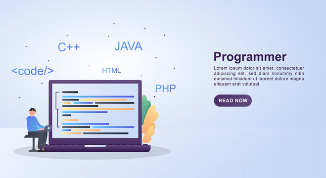 Illustration concept of programmer with programming languages and people are coding.