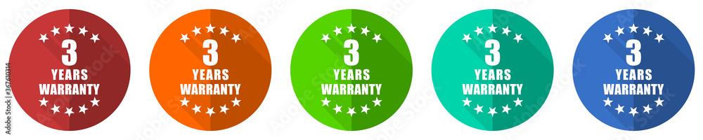 Poster warranty guarantee 3 year icon set, red, blue, green and orange flat design web buttons isolated on 