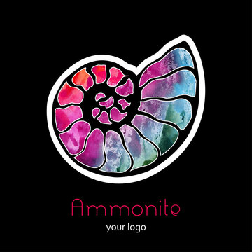 Fossil ammonite nautilus seashell vector logo. Watercolor rainbow pink blue hand drawn illustration spa salon seafood cafe restaurant corporate identity Isolated vector ancient ammonite fossil logo