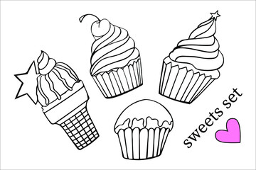 hand drawn cupcakes and icecream doodle black and white set 