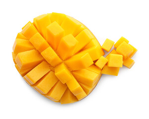 Cut ripe mango isolated on white, top view. Exotic fruit