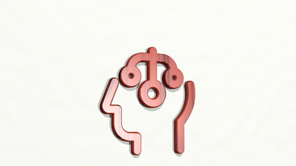 BRAIN NETWORK from a perspective on the wall. A thick sculpture made of metallic materials of 3D rendering. illustration and concept