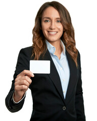Beautiful female business woman showing a mockup card for advertising - isolated in white background
