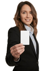 Beautiful female business woman showing a mockup card for advertising - isolated in white background