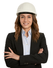 Portrait of beautiful female engineer architect, standing and smiling with arms crossed, isolated in white background