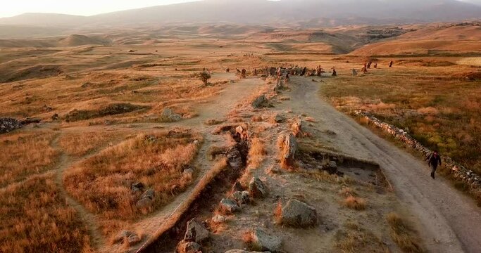 Aerial Armenia Stone Henge Karahunj Ancient Stone Pillar Observatory