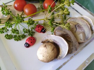 Fresh mushrooms  red tomatoes ladybugs sprigs of dill on the white plate