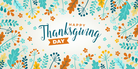 Fototapeta na wymiar Happy thanksgiving day. Vector banner, greeting card, background with text of Happy thanksgiving. Vignette, frame Emblem with autumn leaves and berries. The leaves of oak, ash, green, and orange.
