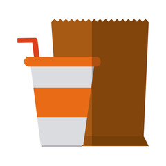takeaway disposable cup and paper bag flat icon with shadow