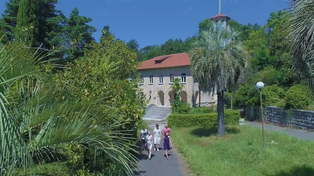 An ancient European building filmed from a drone