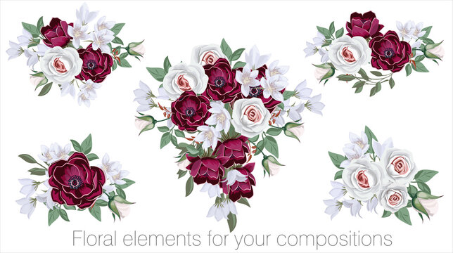 Vector floral set with leaves and flowers. Elements for your compositions, greeting cards or wedding invitations. Purple anemones and white roses