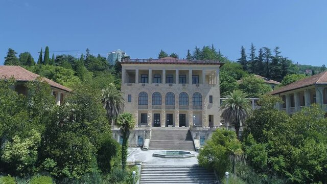 An ancient European building filmed from a drone