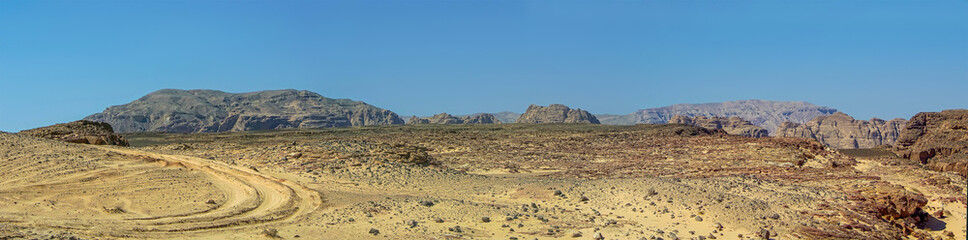 A panorama view across the entrance to the Coloured Canyon near Nuweiba, Egypt in summer