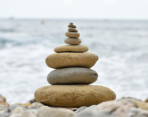 a tower of stones on the beach