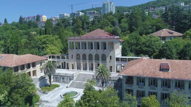 An ancient European building filmed from a drone