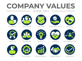 Company Core Values Round Icon Set. Integrity, Leadership, Security, Providing Value, Respect, Quality, Teamwork, Positivity, Passion, Collaboration, Trust, Efficiency,  Commitment, Genuinity Icons.
