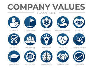 Business Company Values Flat Round Icon Set. Integrity, Leadership, Boldness, Value, Respect, Quality, Teamwork, Positivity, Passion, Education, Efficiency, Cleverness, Commitment, Genuinity Icons