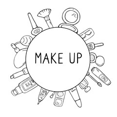 Beauty circle poster with line cosmetic icons. Set of makeup tools and decorative cosmetic products. Beauty sketch background. Hand drawn vector illustration
