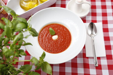 Cream of ripe tomatoes with herbs.
Suggestion to serve a dish. Food background.