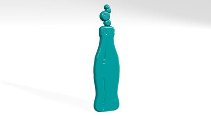 soda bottle from a perspective with the shadow. A thick sculpture made of metallic materials of 3D rendering. drink and background