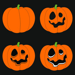 Set of pumpkins with scary faces on a black background
