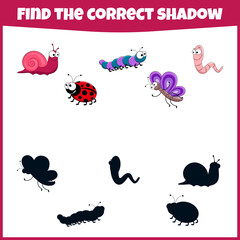 Educational game for children. Find the correct shadow. Cute insects. Mini-game for children.
