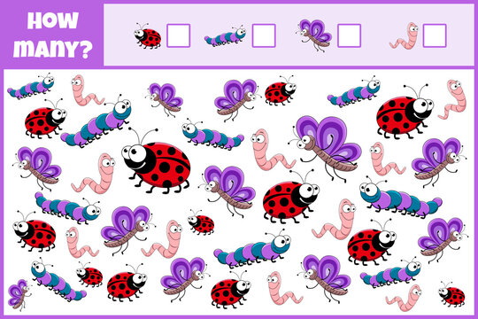 Educational mathematical game. Count the number of insects. Count how many insects. Cute insects. Counting game for children.