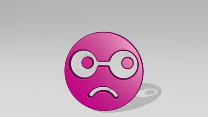 SMILEY SAD NERD made by 3D illustration of a shiny metallic sculpture with the shadow on light background. face and icon