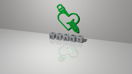 3D graphical image of HEART vertically along with text built by metallic cubic letters from the top perspective, excellent for the concept presentation and slideshows. illustration and background